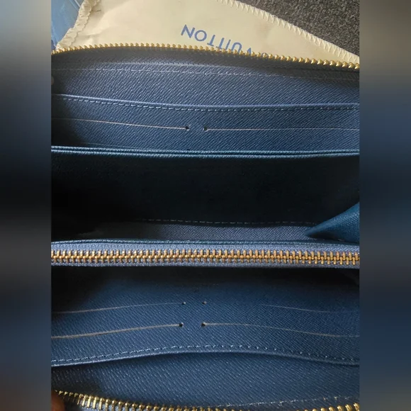 Denim Alongated Multi Compartment Blue/White Monogram Branded Logo Wallet - Picture 5 of 11